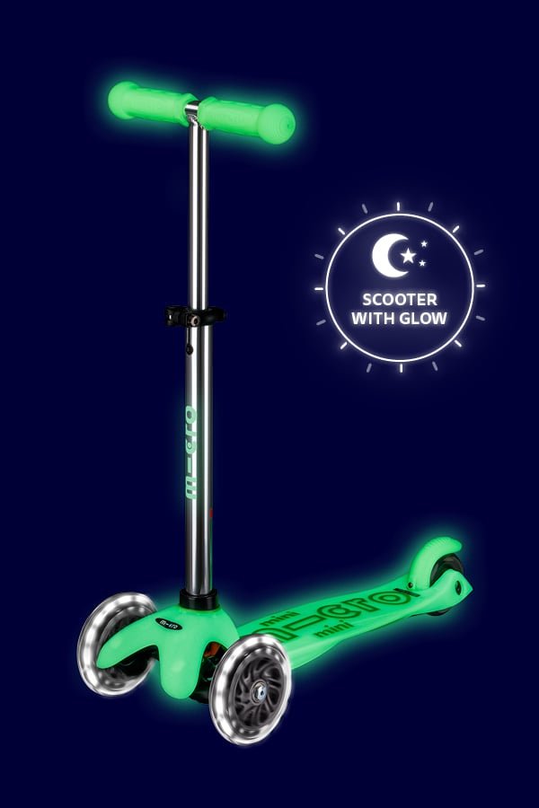 Micro® | Mini Deluxe Glow LED Monopattino 3 Ruote Ragazzi e Ragazze | Piattaforma, Manopole e Freno Che Brilla al Buio | Ruote con luce a LED | Molto leggero | Altezza